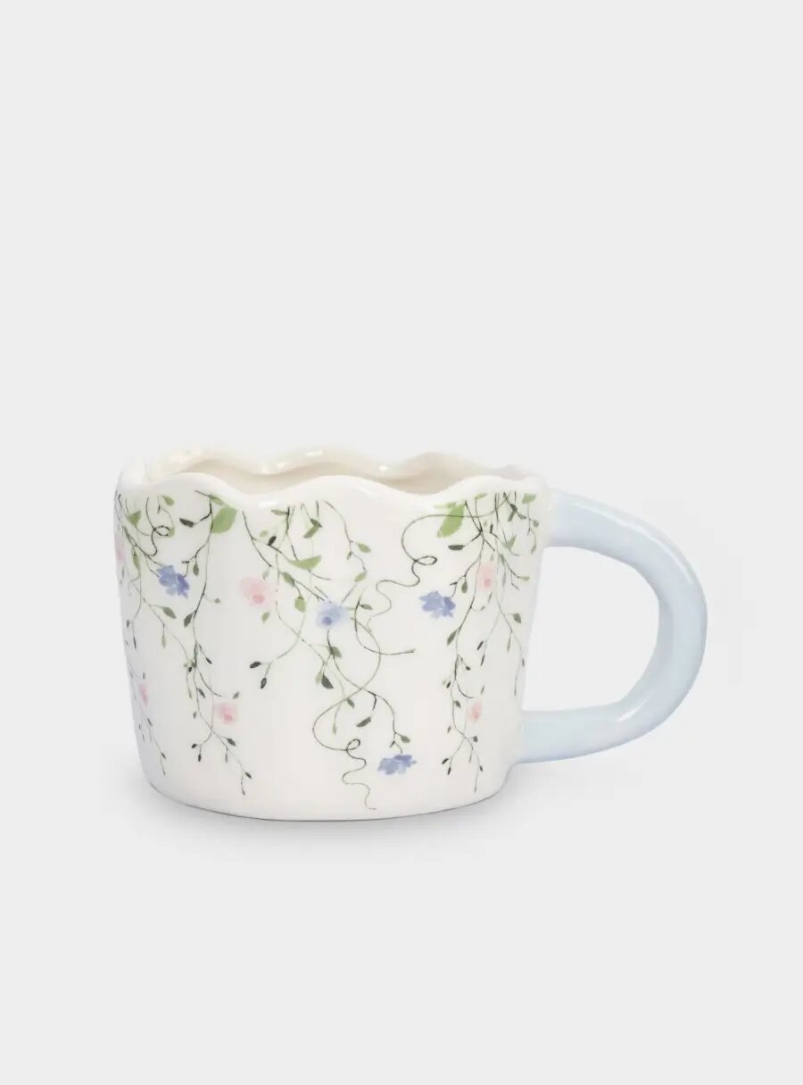 Кружка, 460 мл, керамика, молочно-голубая, Цветы, Mint flowers