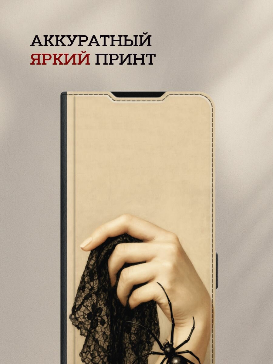 Чехол-книжка на Apple iPhone 16 Pro Max / Айфон 16 Про Макс с принтом Платок в кружевах и паук, черный — фото 1