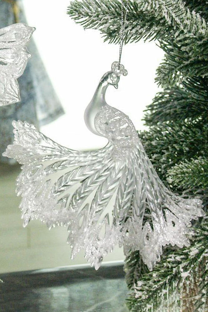 Ёлочное украшение павлин, акрил, серебристый, 15 см, разные модели, Forest Market 150024