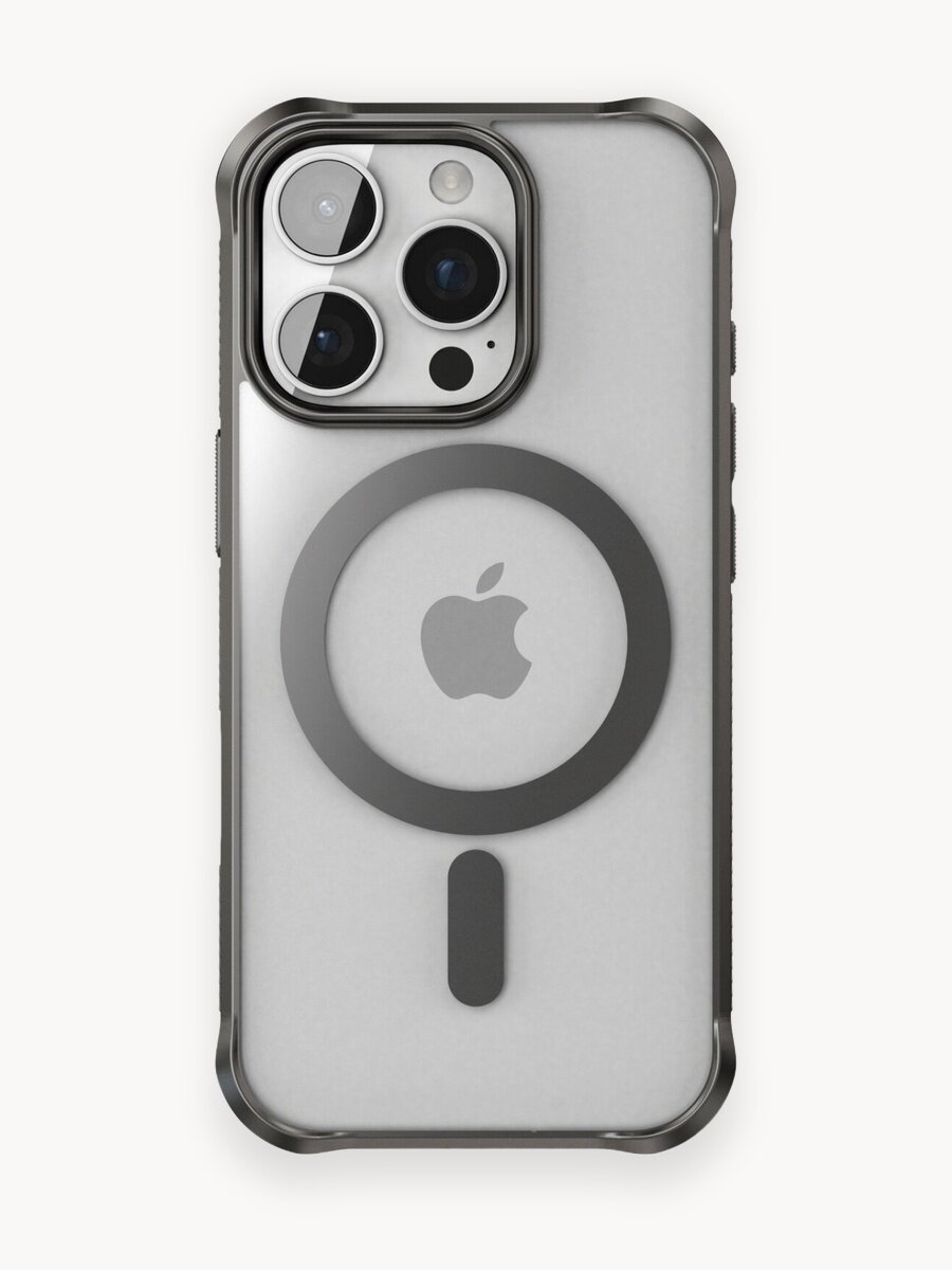 Чехол мэгсэйф на iPhone 16 Pro прозрачный с черными рамками / Накладка на Айфон 16 Про с усиленными углами