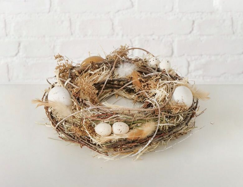 Декоративный пасхальный венок свет жизни ротанг солома перья полиэстер 25 см Boltze 2055402