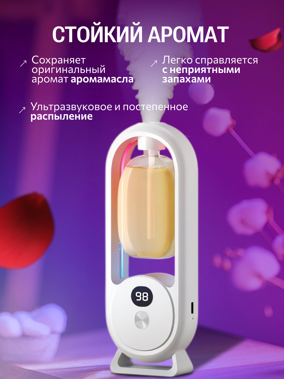 Диффузор для дома автоматический, ароматизатор, освежитель воздуха встроенный аккумулятор 5 режимов, комплект с ароматом — фото 1