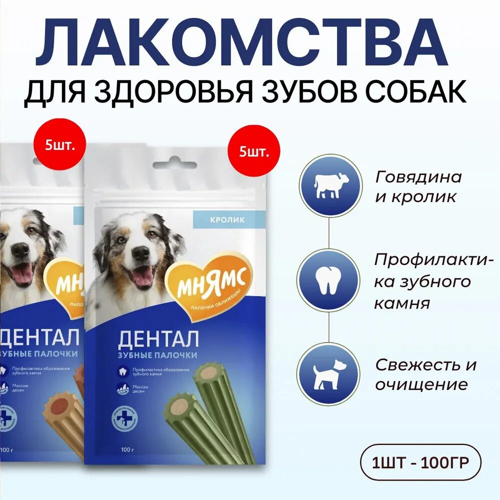 Набор лакомств №10 Мнямс ДЕНТАЛ для собак Зубные палочки с говядиной и кроликом, 10 шт х 100 гр (2 вида по 5 шт)