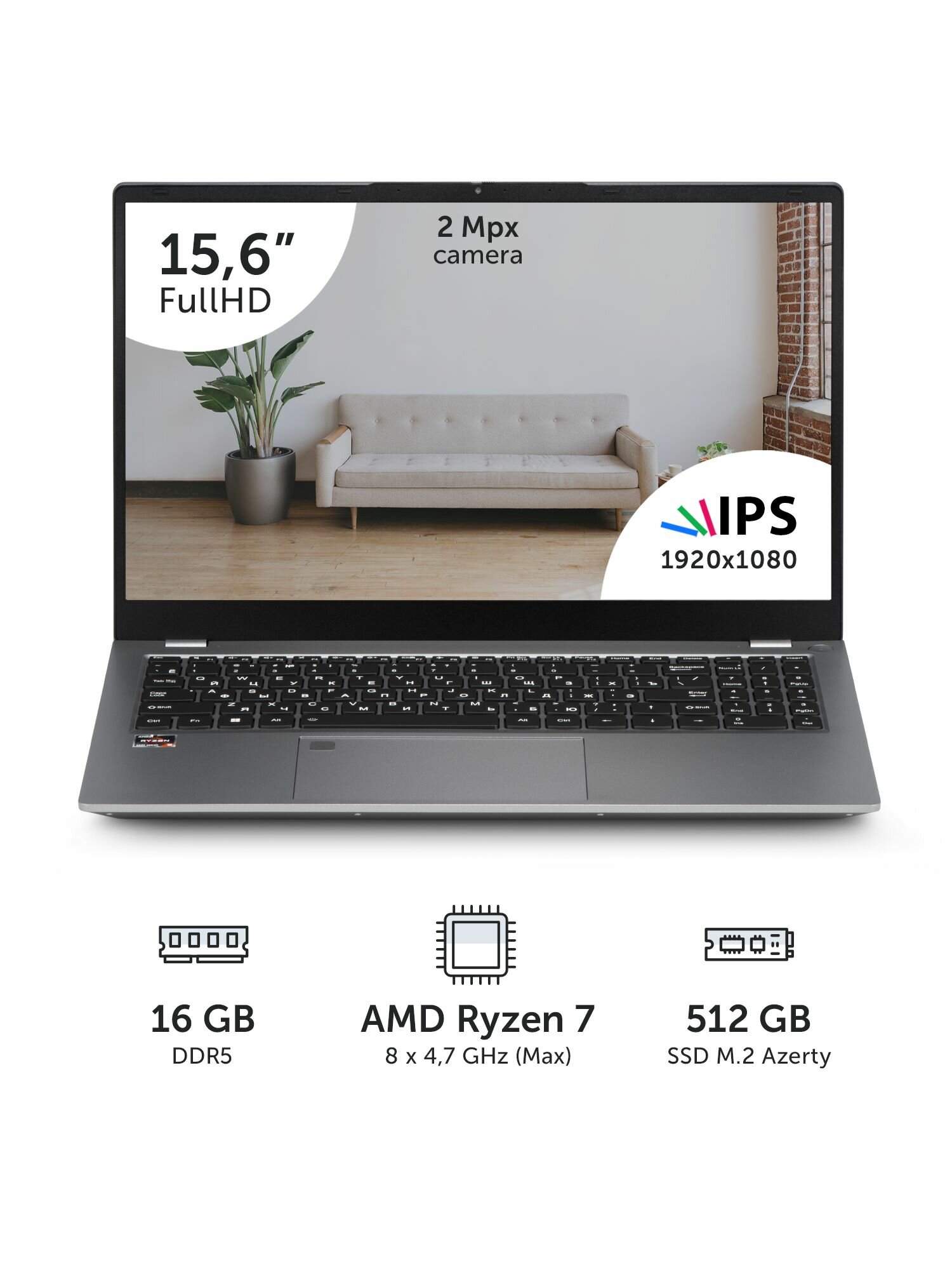 Ноутбук Azerty RBA-4500 (15.6" IPS 1920x1080, Ryzen 7 6800H 8x3.2GHz, 16Gb DDR5, 512Gb SSD)