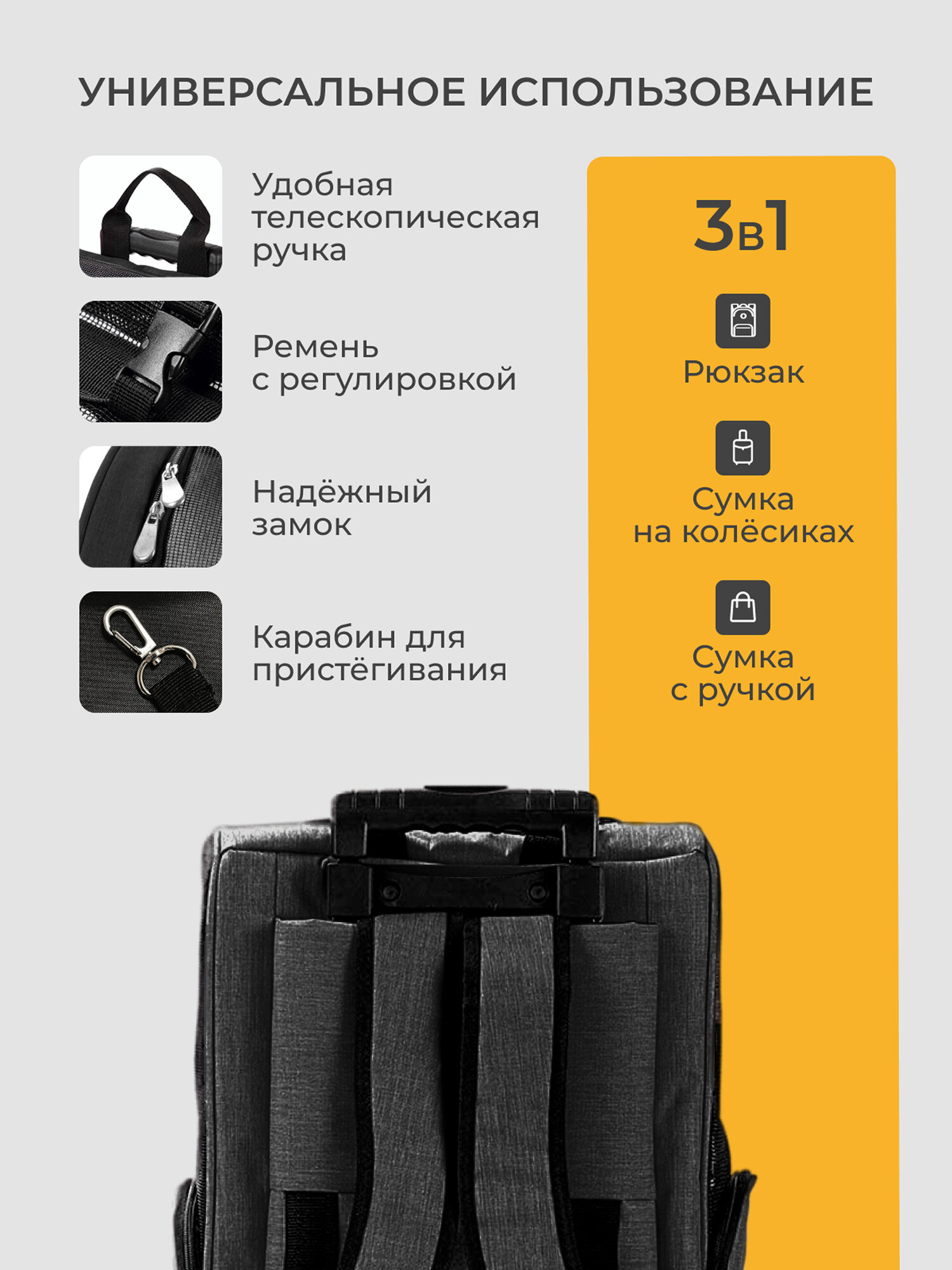 Картинки Сумка рюкзак переноска на колесах большая для животных кошек и собак 41х45х26 см черная Petleon