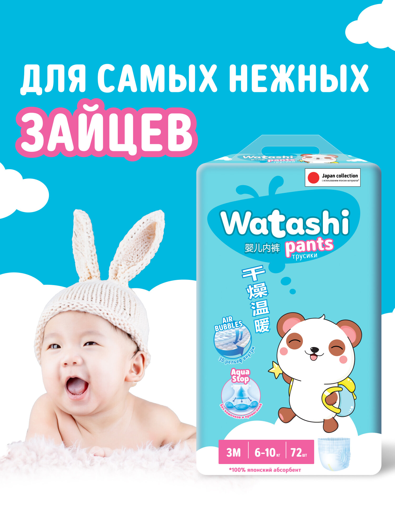 Картинки Подгузники трусики детские 3 M размер 6-10 кг, 72 шт, WATASHI