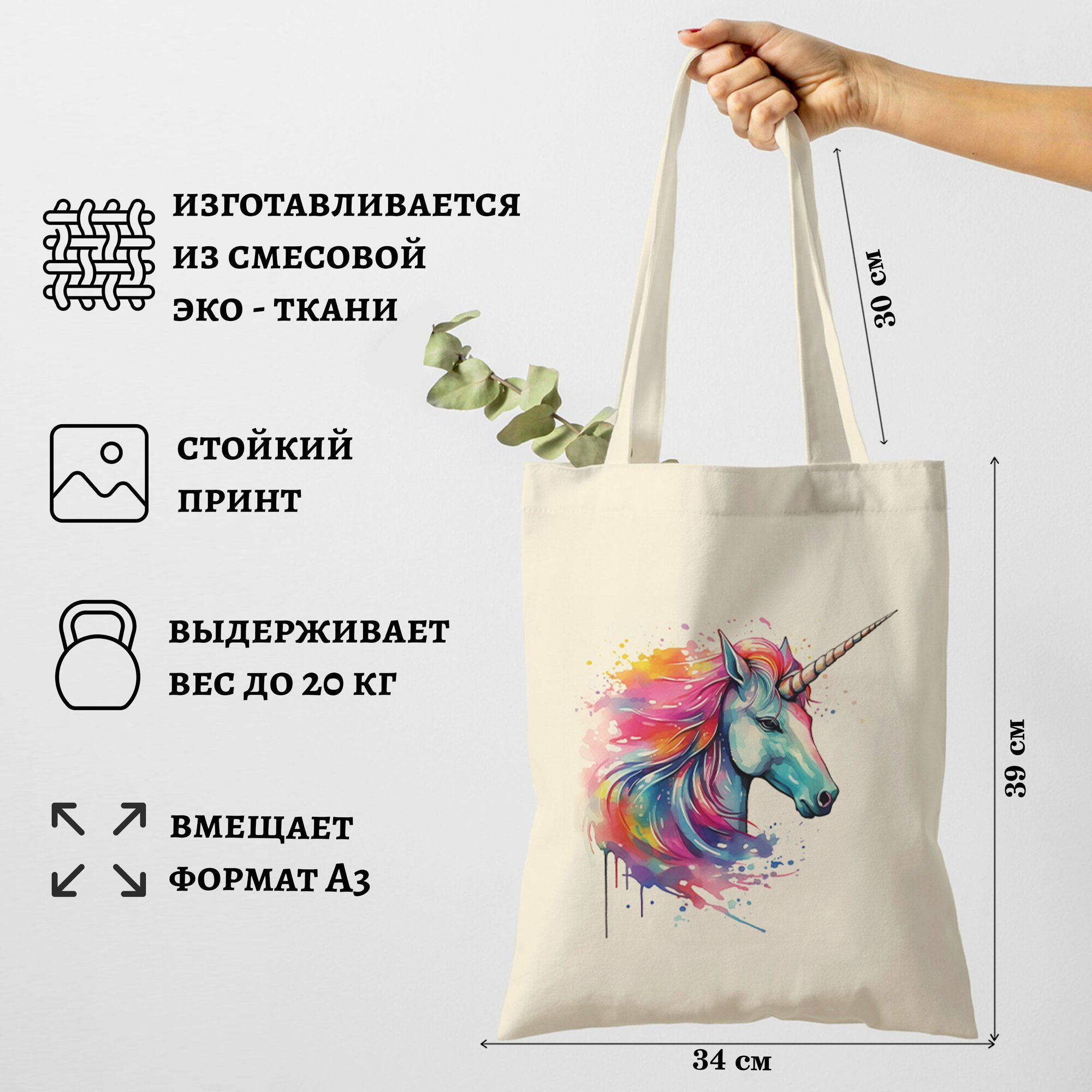 Сумка шоппер Gerasim шоппер с принтом "Единорог", шопер авоська холщовая с рисунком в подарок, голубой/розовый/желтый