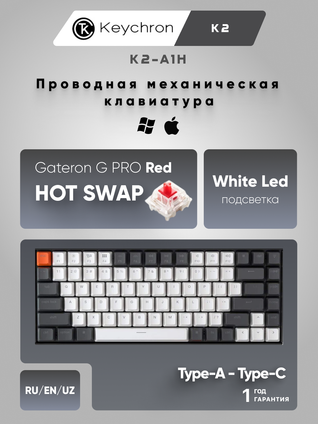 Беспроводная игровая клавиатура Keychron K2 84Key Gateron G PRO, BT/WL, Hot-Swap K2-A1H