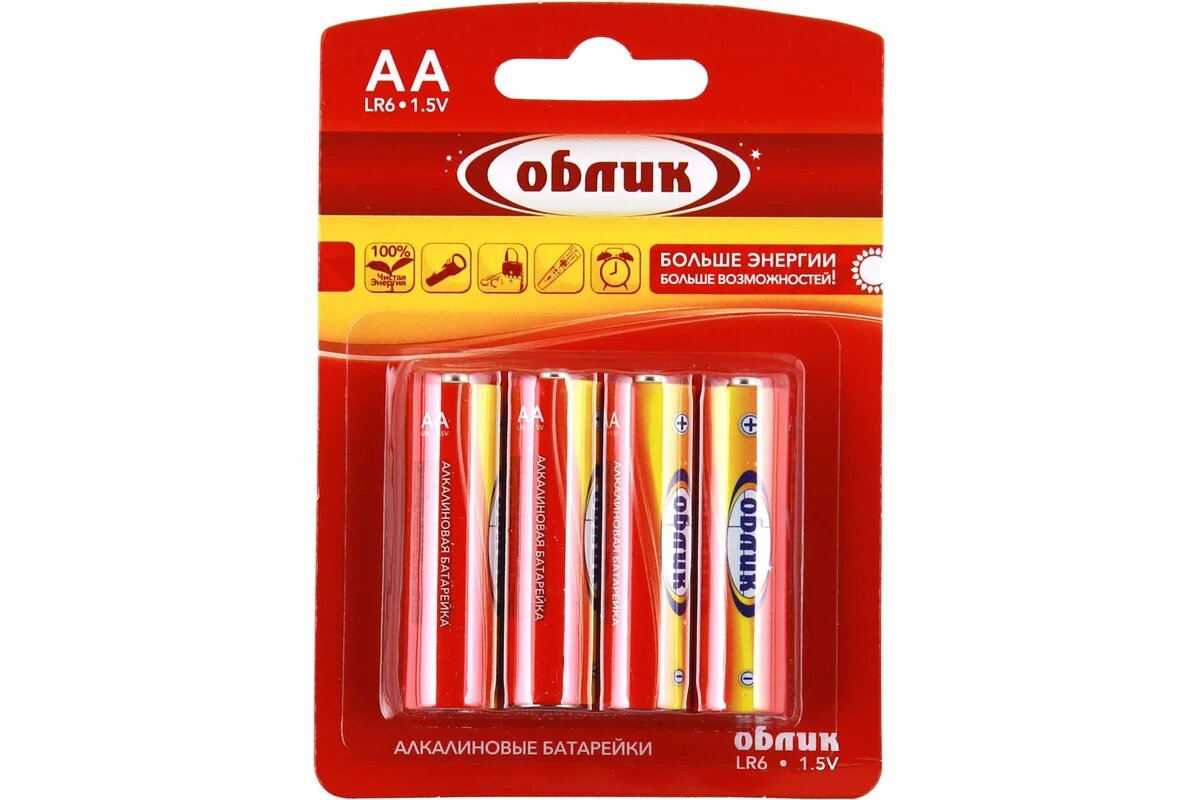 Батарейка Облик, АА (LR6, 15A), щелочная, 1.5 В, блистер, 4 шт