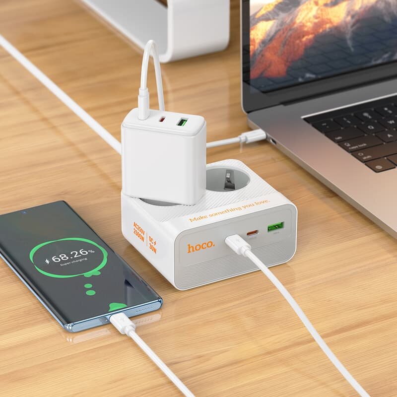 Сетевой фильтр hoco, 2 гнезда и 2 порта USB-C, мощность 2500Вт, белый