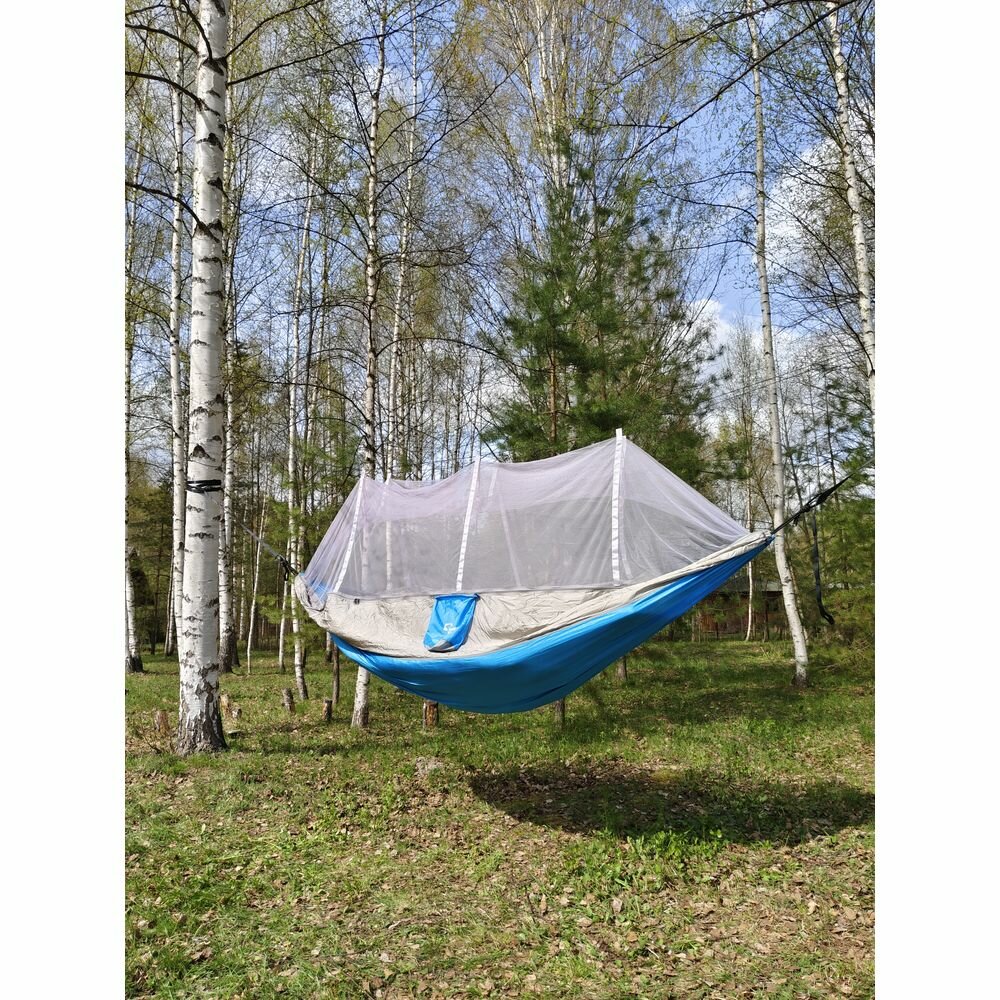 Гамак туристический двухместный с москитной сеткой Mormus Equip Ultralight Hammock серебристо-серый/голубой