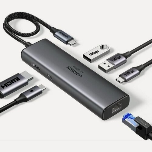 Изображение товара Хаб (разветвитель) Ugreen CM512 USB-C - HDMI+2*USB 3.2 A+1*USB 3.2 C+RJ45+PD, 4Kх60Гц, серый (45000)