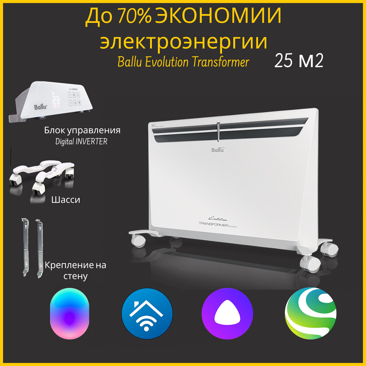 Конвектор электрический Ballu Evolution Transformer BEC/EVU-2000-4I c шасси и со строенным WI-FI