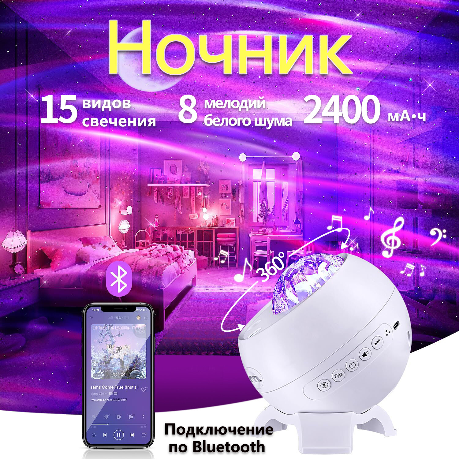Ночник звездное небо проектор с функцией таймера и Bluetooth