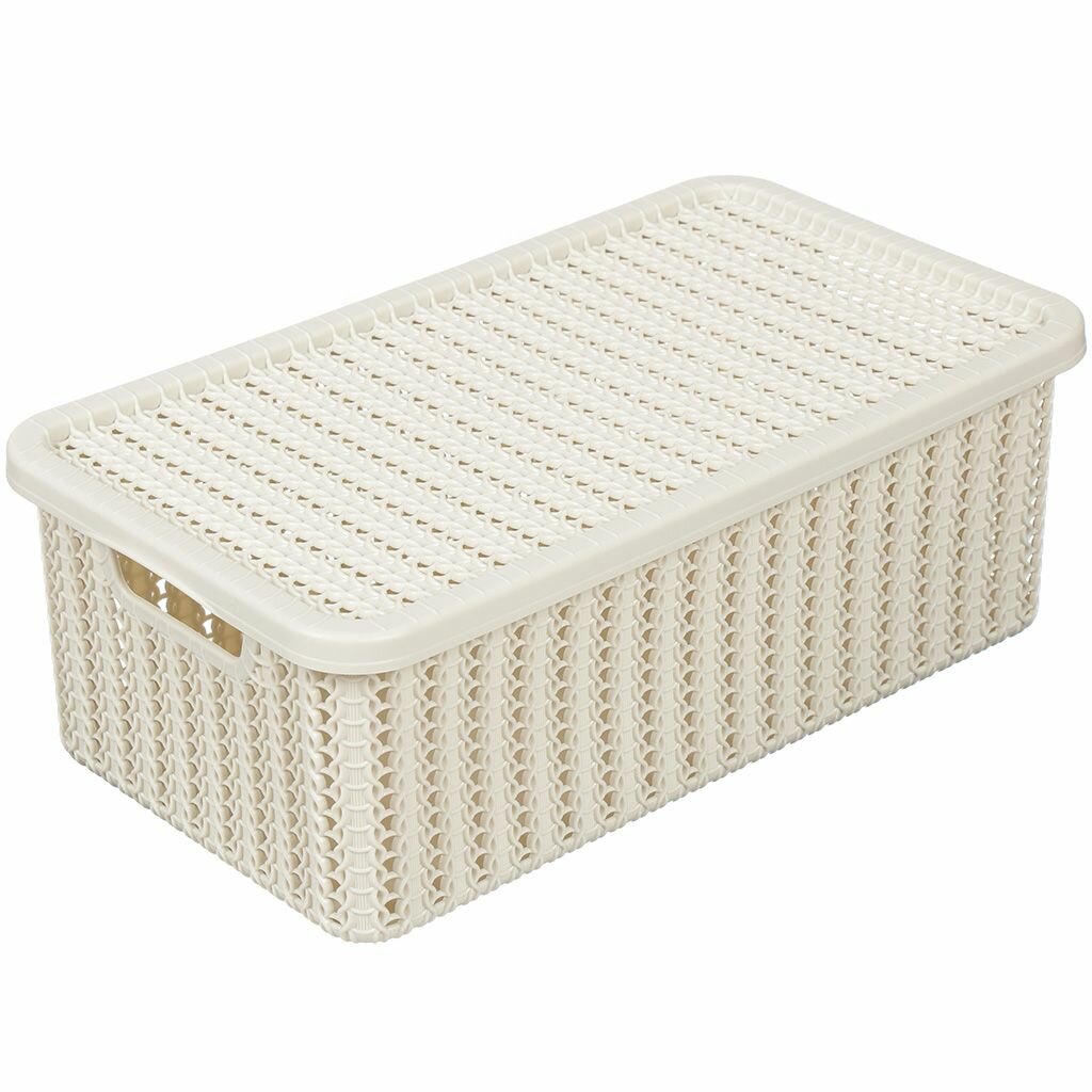 Корзина для хранения 6 л прямоугольная плетеная пластик белый ротанг с крышкой Idea Вязание М2370