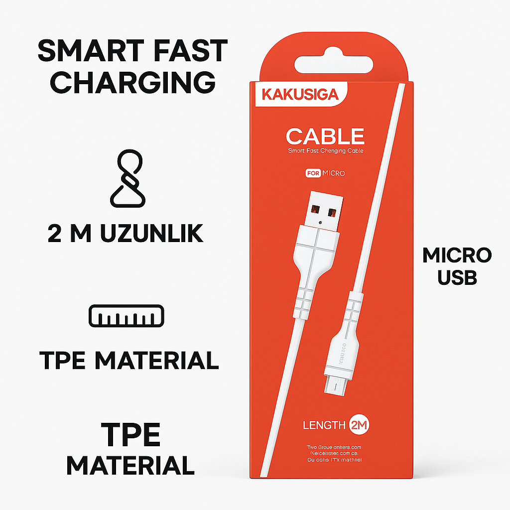 Кабель Kakusiga Micro USB 2 м — Smart Fast Charging, высокоскоростная передача данных, белый