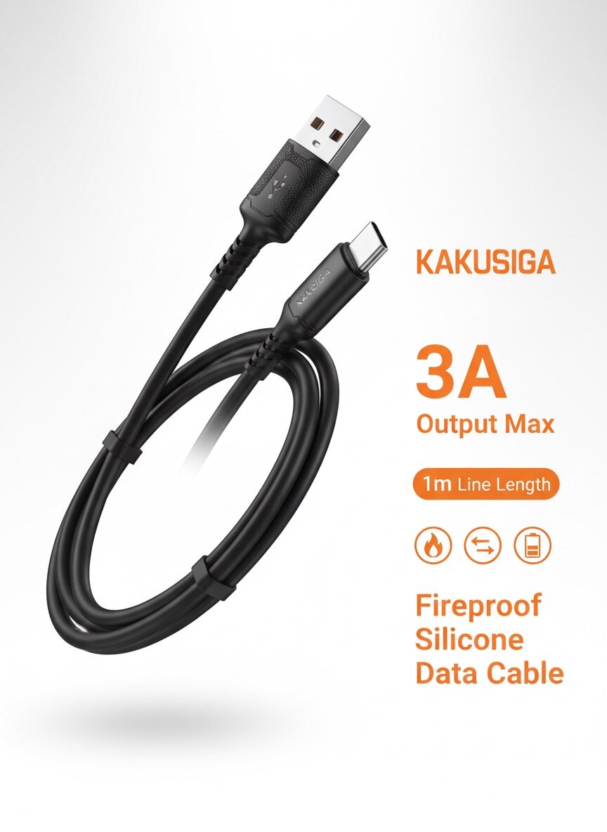 Силиконовый кабель передачи данных KAKUSIGA USB-A – Type-C , 1 м – толстый силиконовый кабель, быстрая зарядка