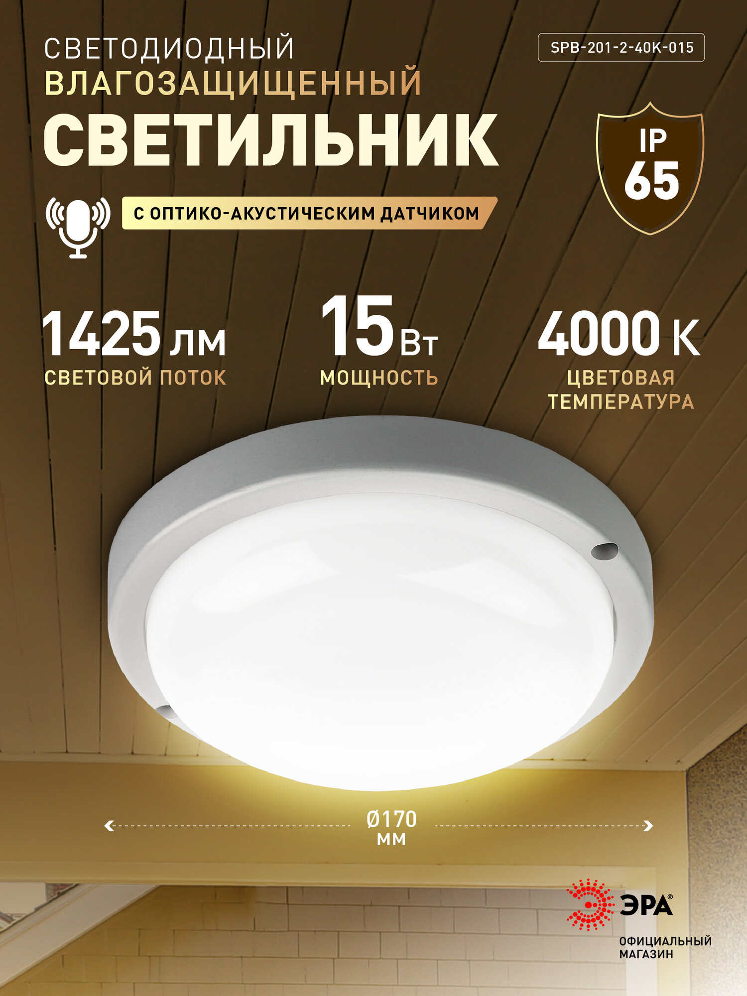 Светильник настенно-потолочный уличный ЭРА SPB-201-2-40K-015 светодиодный с датчиком IP654000K15Вт