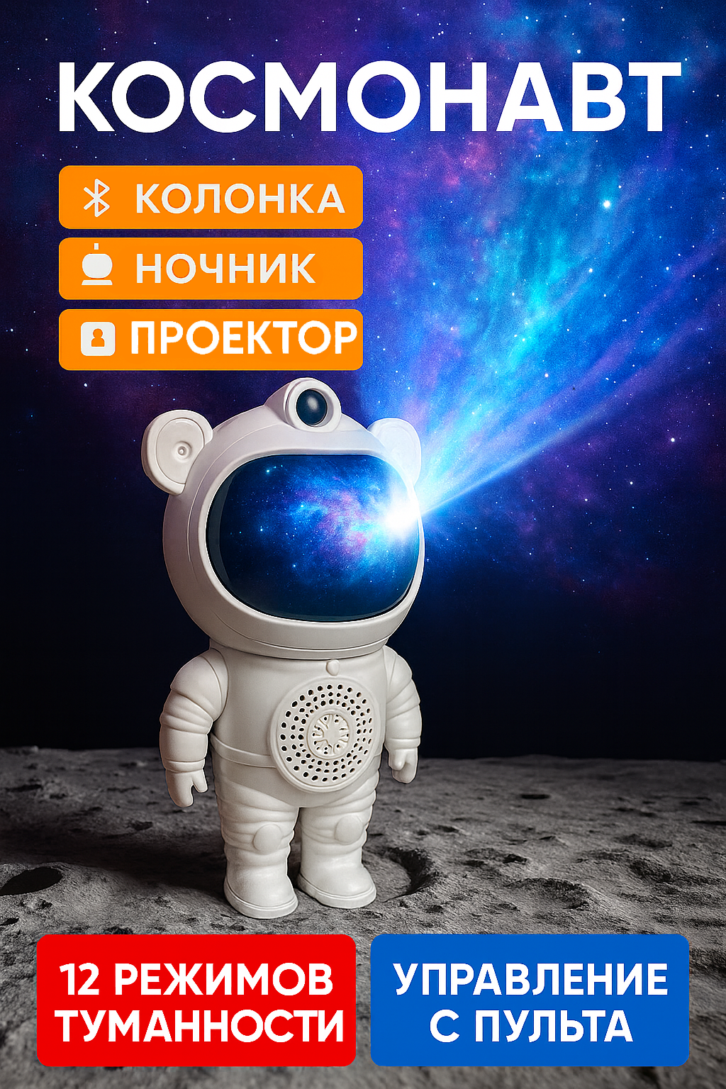 Детский ночник для сна Космонавт с лазерным проектором звездного неба с колонкой Bluetooth на пульте управления
