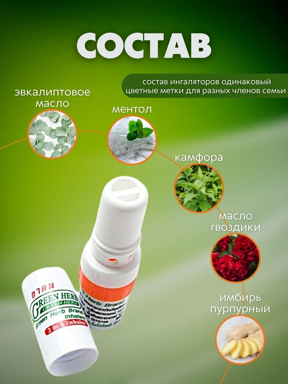 Изображение Тайский ингалятор - карандаш Green Herb 3 штуки