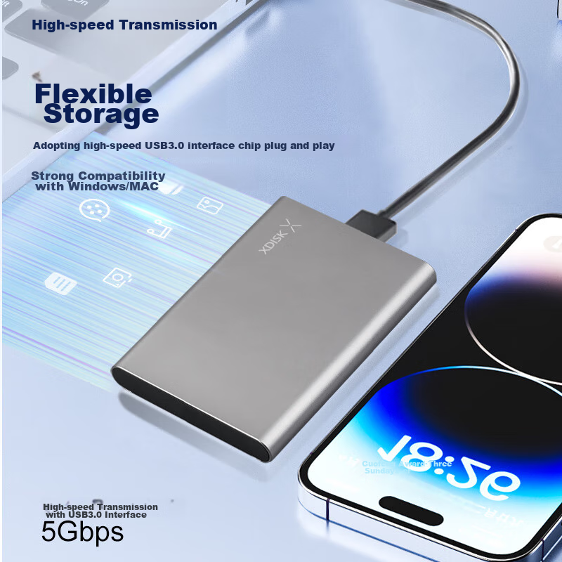 XDISK USB3.0 Portable Hard Drive 1TB Dual Disk Backup X Series 2.5-Inch Space Gray Premium Metal Appearance High-Speed Portable Stable And Durable