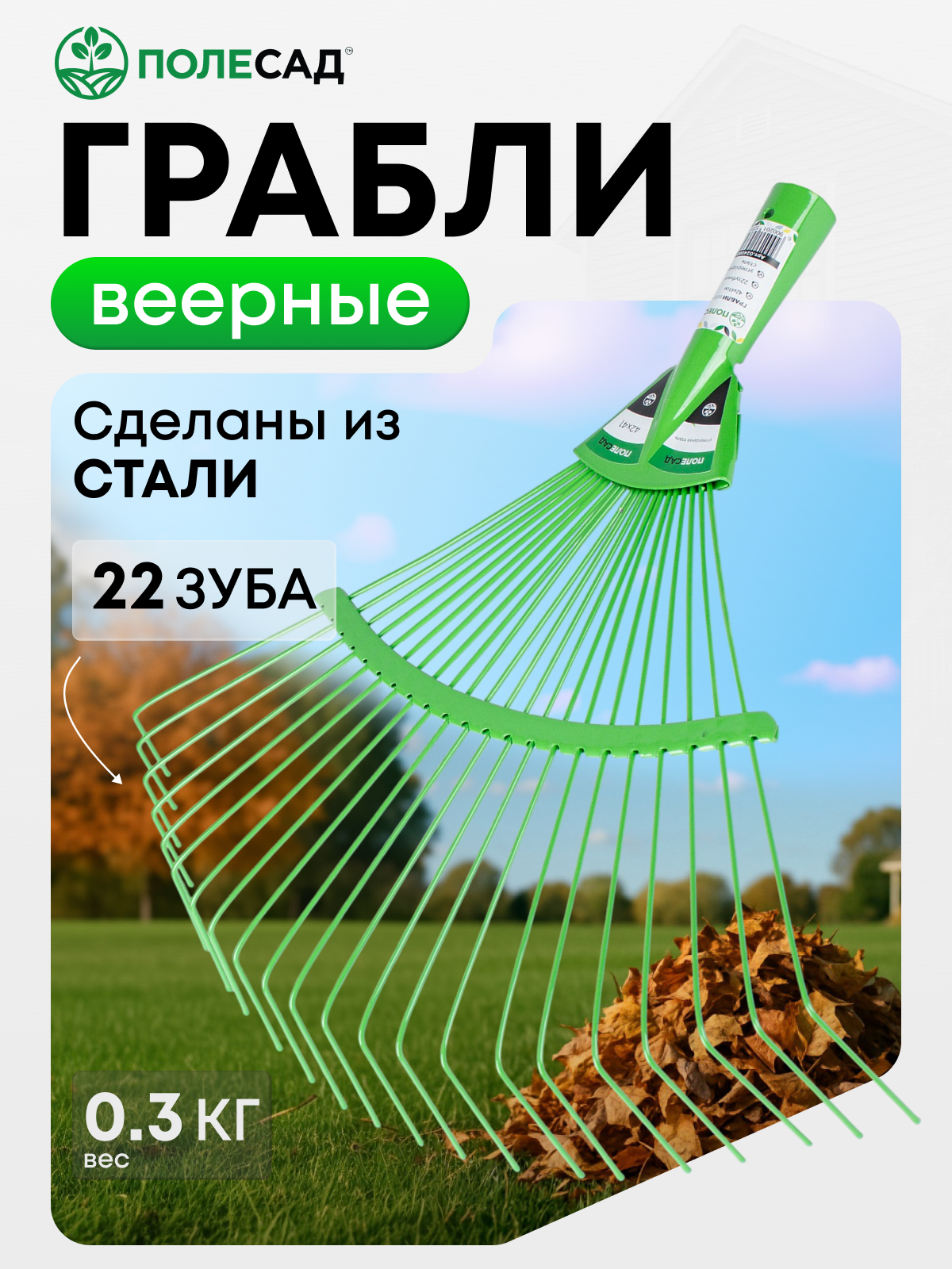 Грабли веерные садовые без черенка ПОЛЕСАД 22 зубьев сталь 42x41см