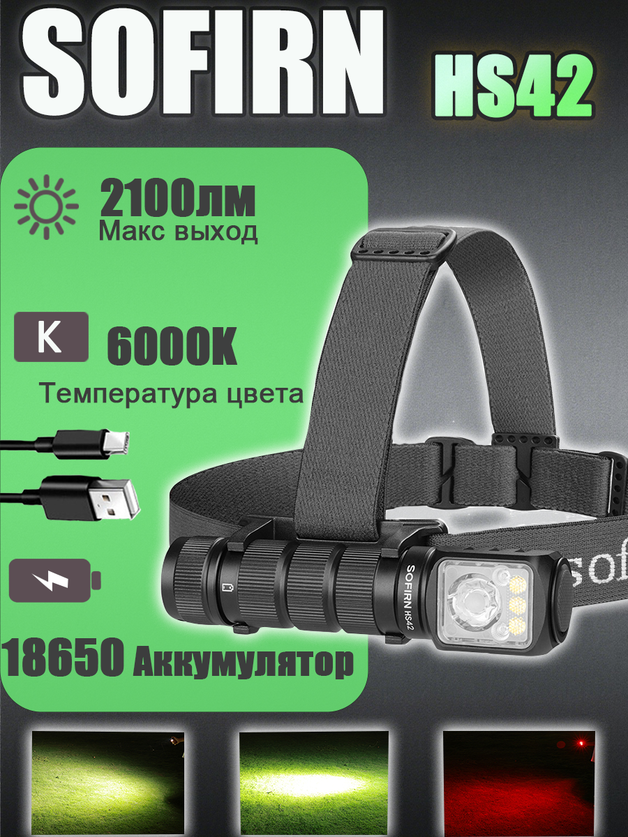 SOFIRN HS42 SST40 6000K Налобный фонарь 18650 аккумуляторный фонарик 2100лм USB C