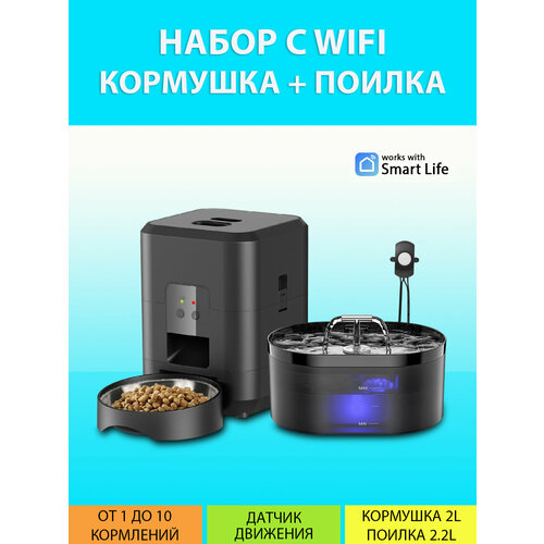 Автокормушка WiFi 2L и автопоилка с датчиком движения 2,2L в наборе MY PETS GADGETS