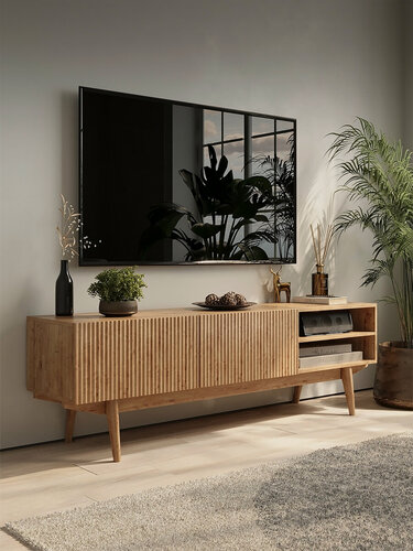 Изображение товара Тумба под телевизор напольная Puzzlemebel Келли, тумбочка для тв на ножках с реечным дизайном, 150 см, светло-коричневый