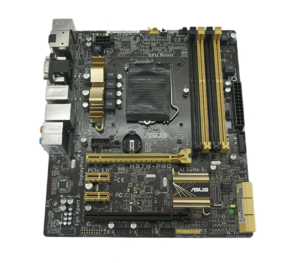 Материнская плата ASUS H87M-PRO REV.1.03, S-1150 H87/4xDDR3/SATA/Lan/VGA/DVI/HDMI/DP/Sb/USB3.0/mATX, без планки