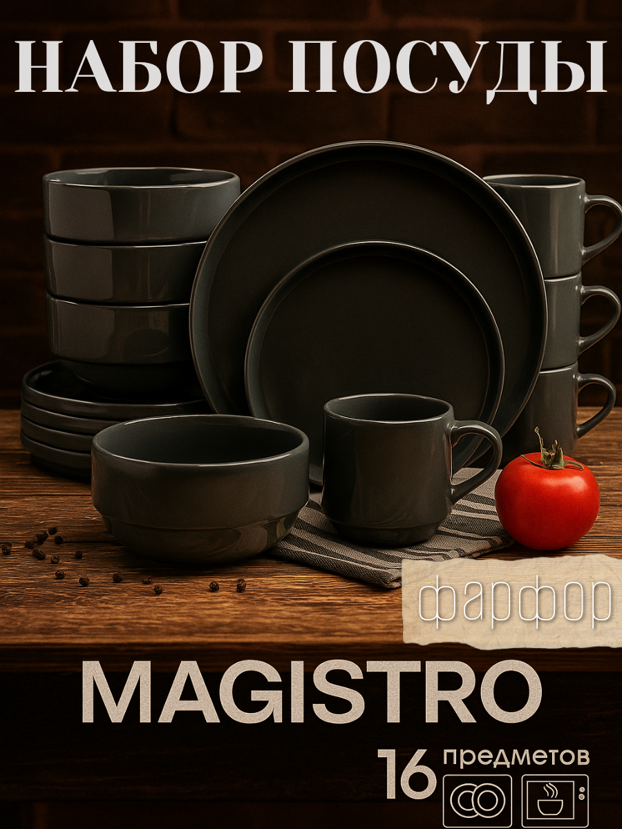 Набор посуды Подарочный Magistro Night, фарфор, 16 предметов: тарелка d=25.5 см, d=19 см, миска 850 мл, d=15 см, кружка 320 мл, серый