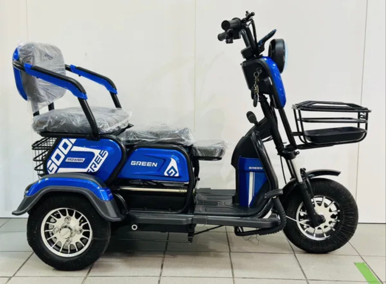 Электро скутре мопед трехколесный трицикл SKY WAY 1000ват 48v25ah 3х местный гравировка на моторе 240 ват синий