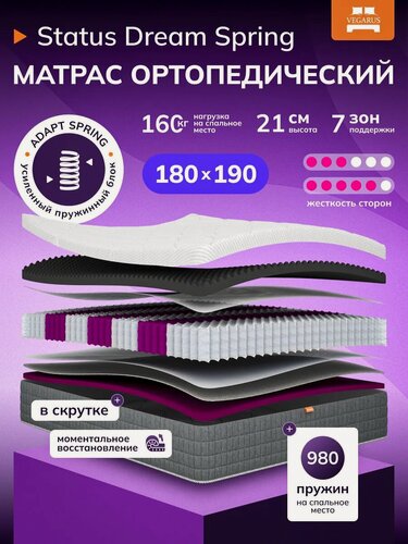 Изображение товара Матрас Status Dream Spring, двухсторонний, ортопедический, 180x190х21 см