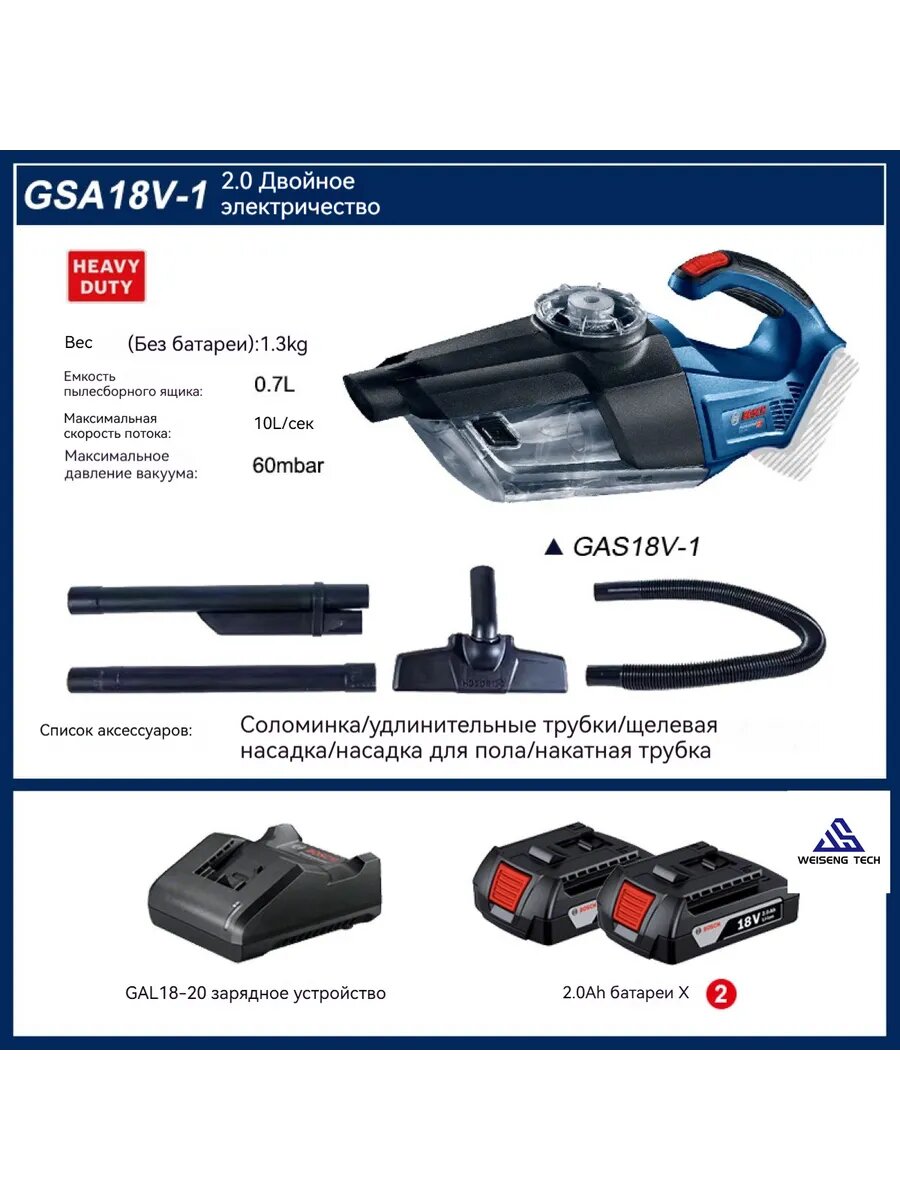 Пылесос Bosch GAS18V-1 на литиевом аккумуляторе 18В 700мл