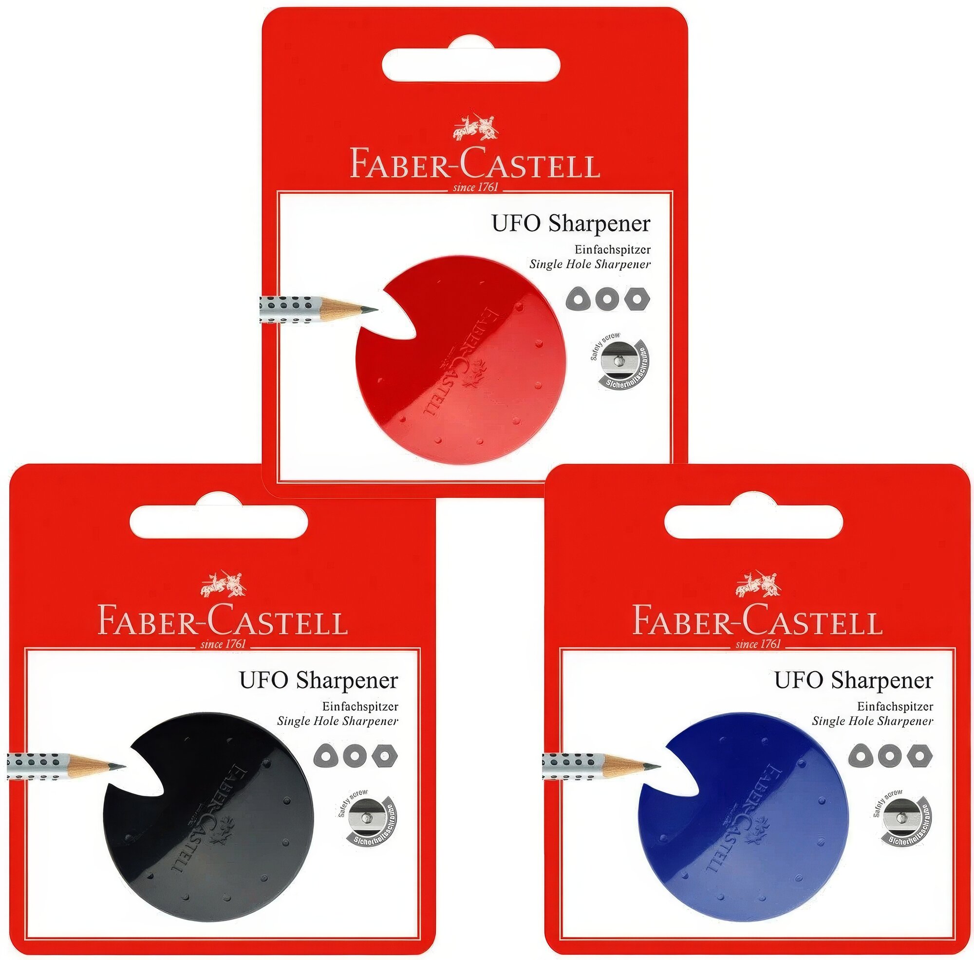 Точилка пластиковая Faber-Castell "Ufo" 1 отверстие, ассорти (красная, черная или синяя), блистер, 588363