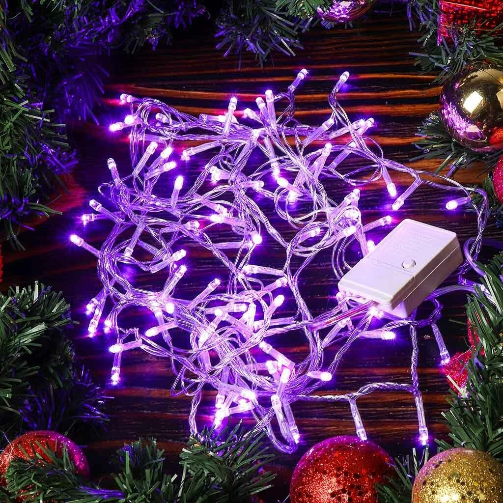 Гирлянда КНР 100 ламп, 5 м, 8 режимов, фиолетовый свет, прозрачная, сетевая, LED