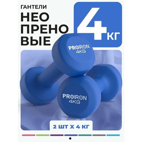 Гантели 4 кг 2 шт неопреновые PROIRON, набор для фитнеса, синие
