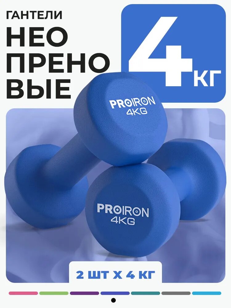 Гантели 4 кг 2 шт неопреновые PROIRON, набор для фитнеса, синие