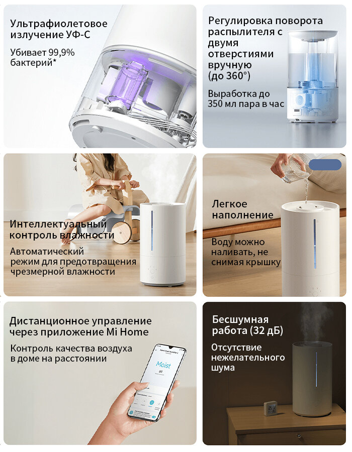 Изображение Умный увлажнитель воздуха 4,5 л Xiaomi Smart Humidifier 2 EU, Wi-Fi, ультразвуковой, арома-контейнер,350 мл/час,32 часа
