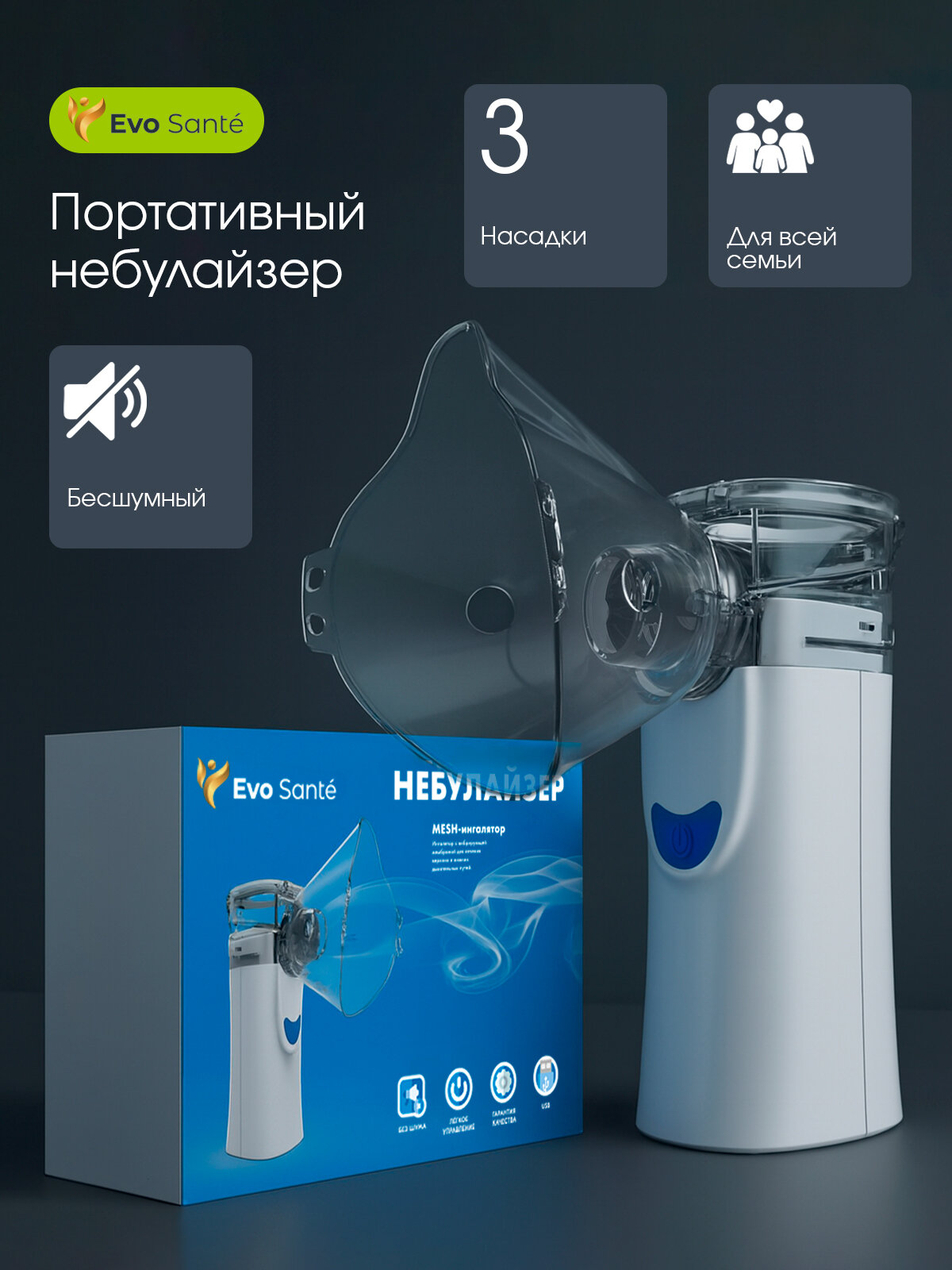 Портативный небулайзер Evo sante для детей и взрослых меш небулайзер портативный ингалятор Evo Sante 3 насадки