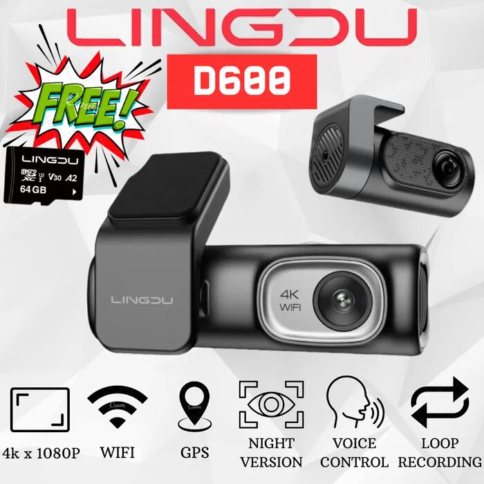Автомобильный видеорегистратор LINGDU D600 с поддержкой записи в формате 4K+1080P