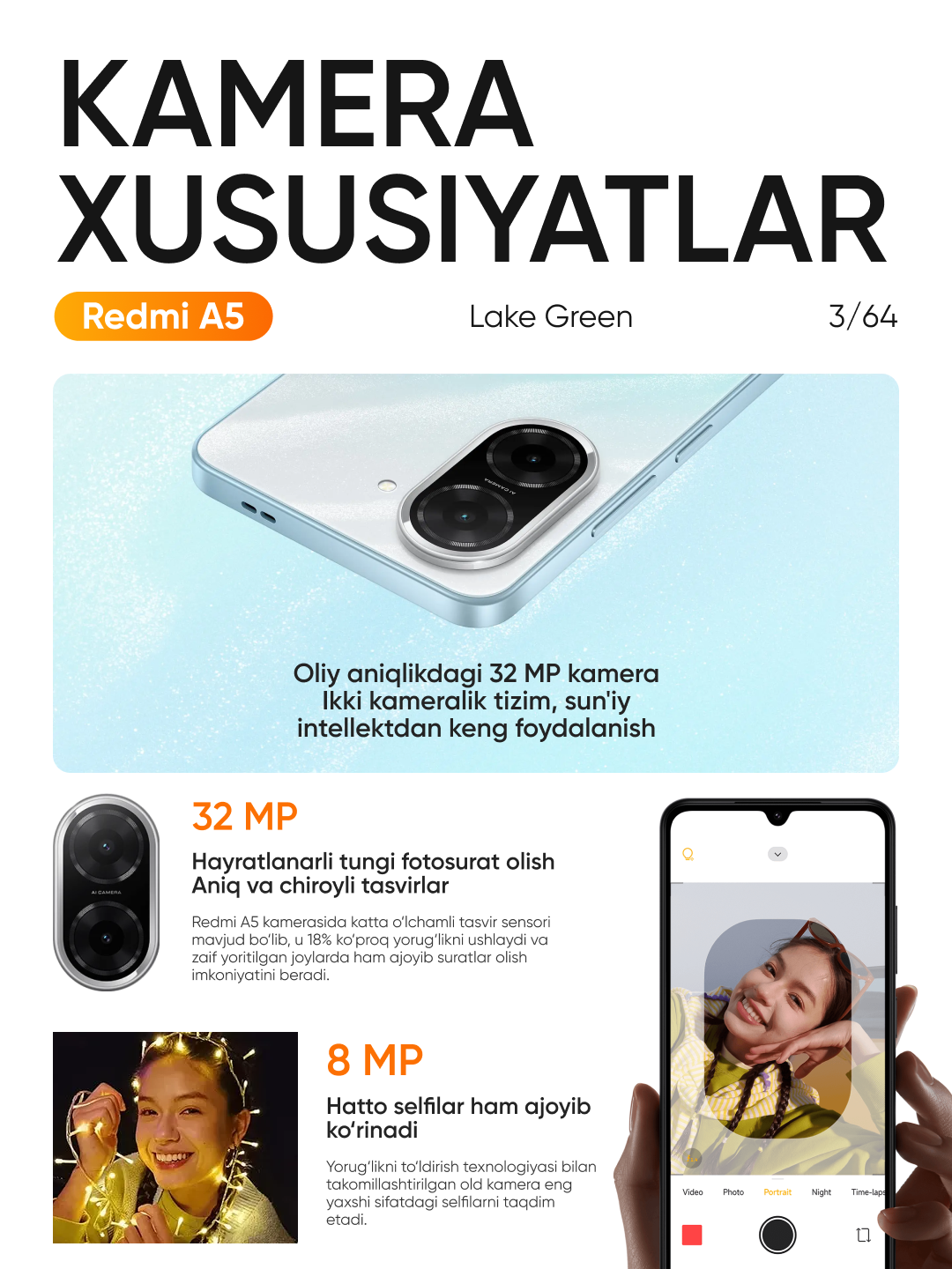 Смартфон Xiaomi Redmi A5 3/64GB, дисплей 6.88" IPS, 32mp камера, 5200 mAh, Lake Green — фото 1