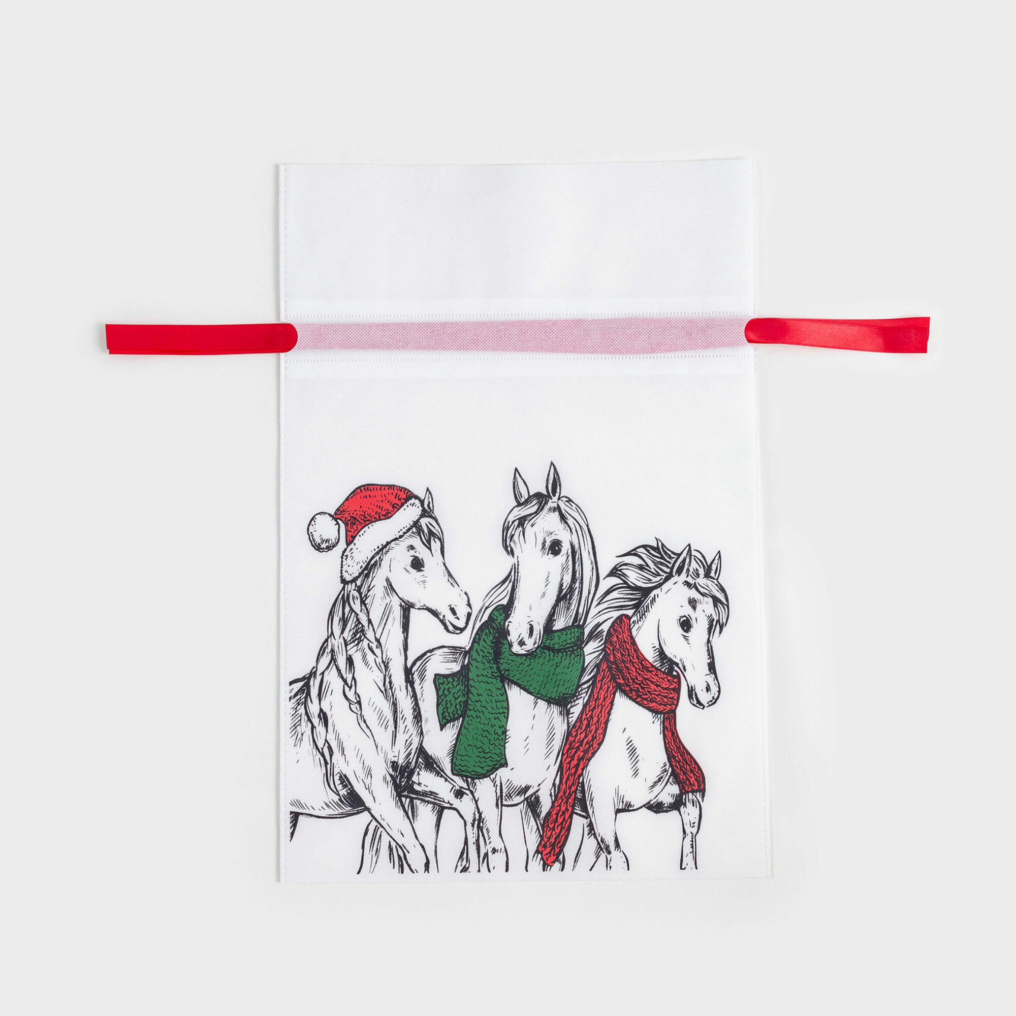 Мешок подарочный 30х45 см с завязками полипропилен белый Лошади в шарфах Horse trio