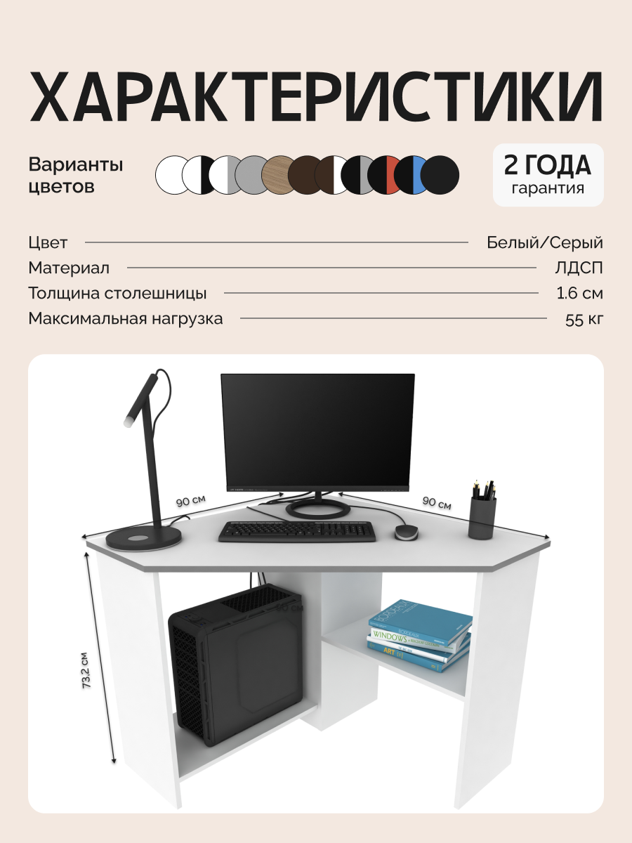 Стол письменный для школьника, компьютерный, угловой с полками Corner 900 Белый/Серый, 90*90 см. — фото 1