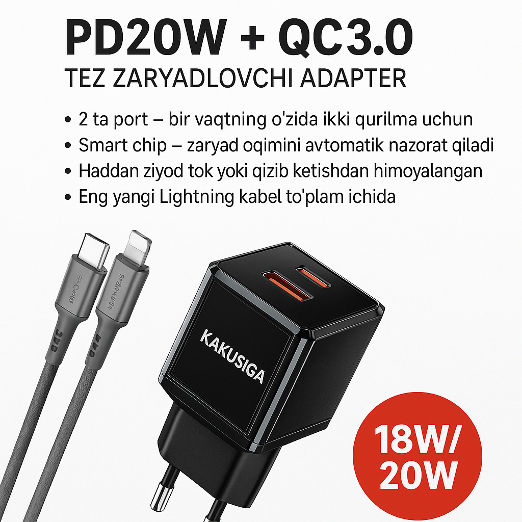 Адаптер быстрой зарядки Kakusiga, PD20W+QC3.0, огнестойкий, белый