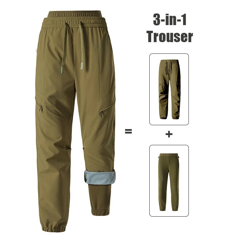 Брюки унисекс для походов мужские уличные 3 в 1 водонепроницаемые ветрозащитные спортивные брюки для альпинизма женские зимние теплые лыжные брюки для кемпинга Military Green L(60 kg-70 kg)