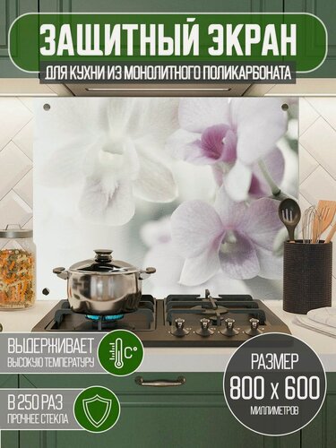 Изображение товара Защитный экран для кухни 800 х 600 х 3 мм "Цветы" с фотопечатью, акриловое стекло на кухню для защиты фартука, прозрачный монолитный поликарбонат
