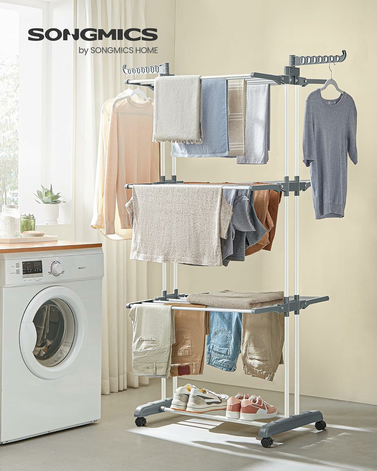 Сушилка для белья напольная на колесиках складная вертикальная 3 полки 170х77х65 см серая