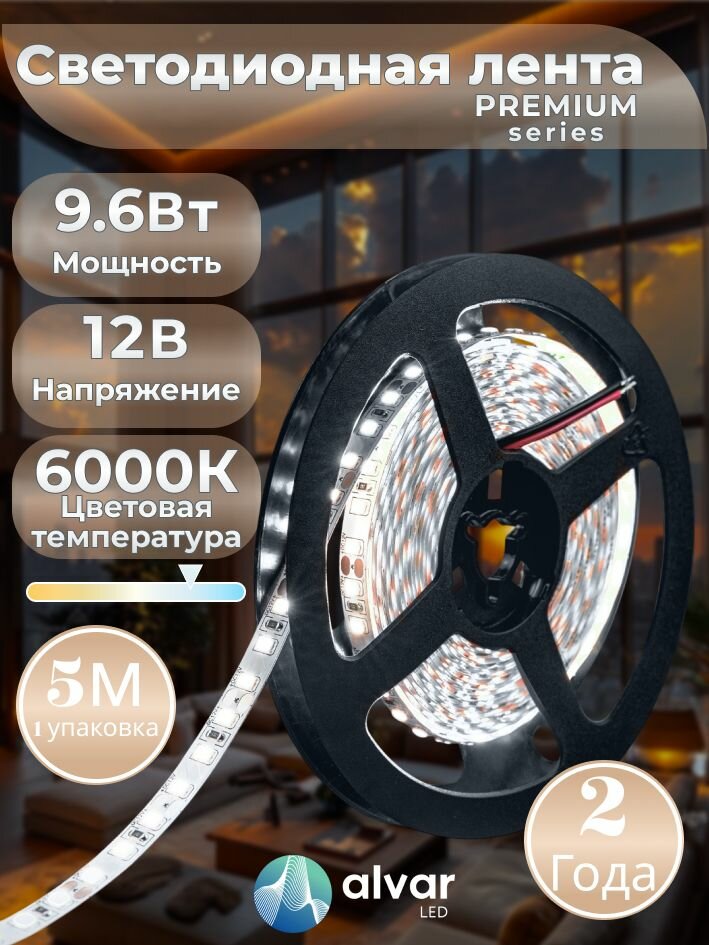 PREMIUM 12В 9.6Вт 6000К холодная IP20 2835 120 LED светодиодная лента (в упаковке 5 метров)