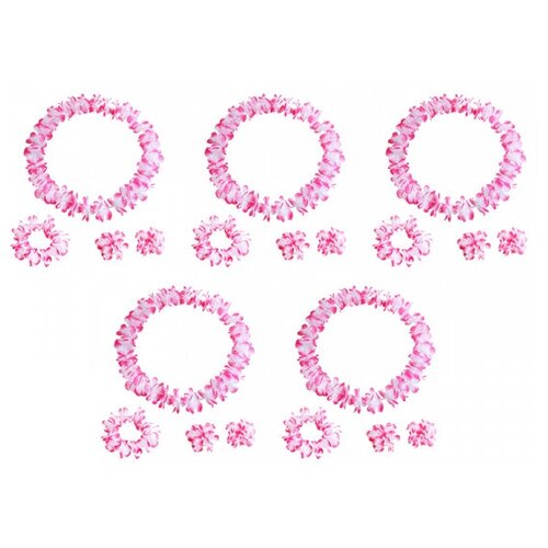 Гавайский набор, цвет розовый, 4 предмета: ожерелье лея, венок, 2 браслета (5 наборов в комплекте) гавайский набор цвет розовый 4 предмета ожерелье лея венок 2 браслета набор 3 шт